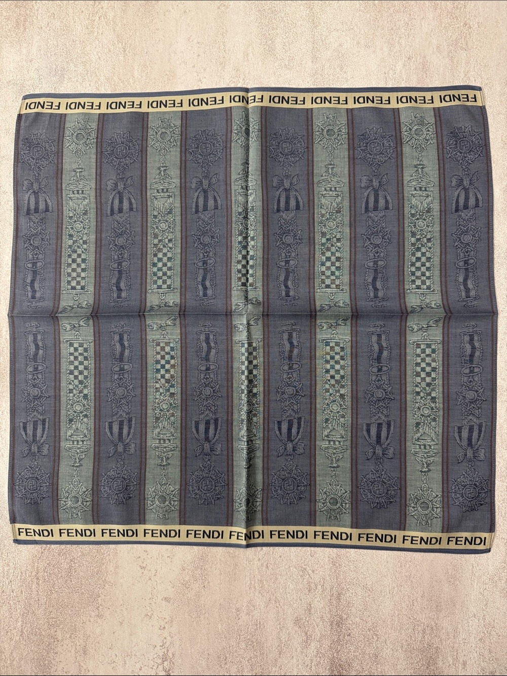 Fendi Blue & Green Striped Logo cotton Scarf